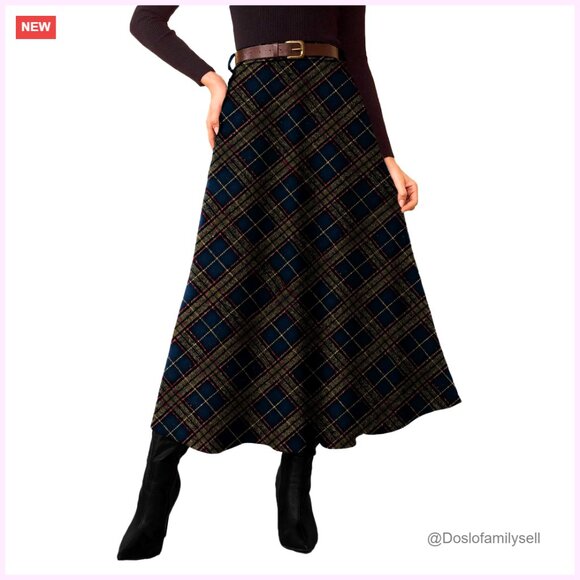 Vintage High Waist A-Line Midi Skirt with Pockets, Flared, 100% Polyester